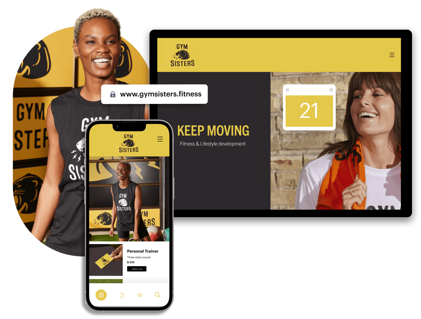 A smiling woman in branded Gym Sisters workout gear, alongside the Gym Sisters website on mobile and desktop